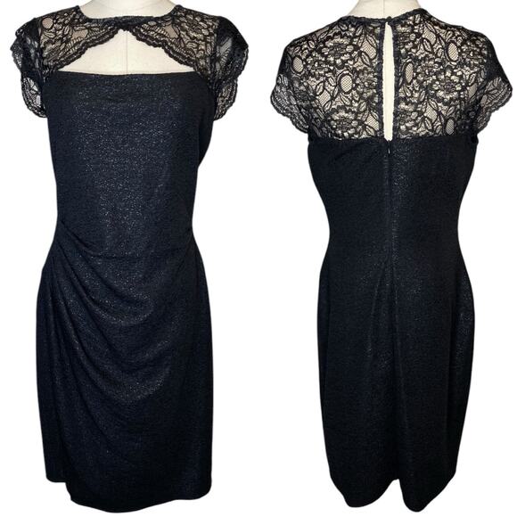 Kay Unger Dresses & Skirts - Kay Unger Ruched Sheath Black Shimmer Dress Cap Sleeve Cut Out Lace size 10